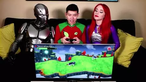 AI Video from prompt: Cyborg, Starfire, and Robin playing Sonic the He