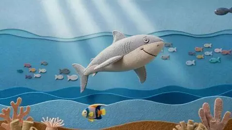 AI Video from prompt: 3D sewn-felt stop-motion style. The Great White 