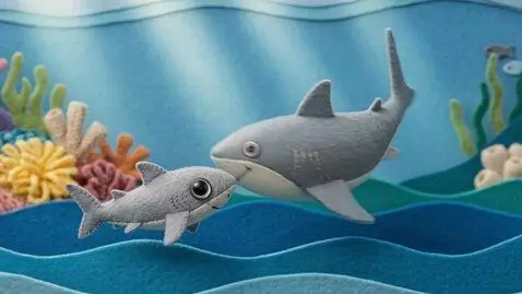 AI Video from prompt: 3D sewn-felt stop-motion style. The mother shark