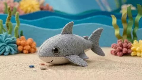 AI Video from prompt: 3D sewn-felt stop-motion style. The shark pup wi
