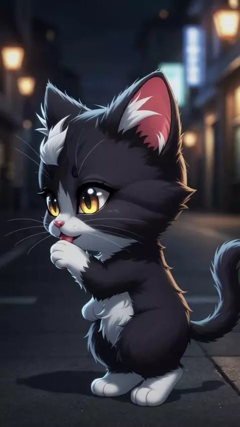 AI Video from prompt: 2D chibi style ultra-cute tiny black kitten with