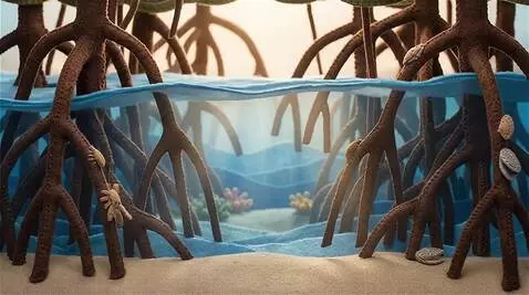 AI Video from prompt: 3D sewn-felt stop-motion style. The layered blue