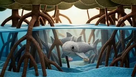 AI Video from prompt: 3D sewn-felt stop-motion style. The shark pups l