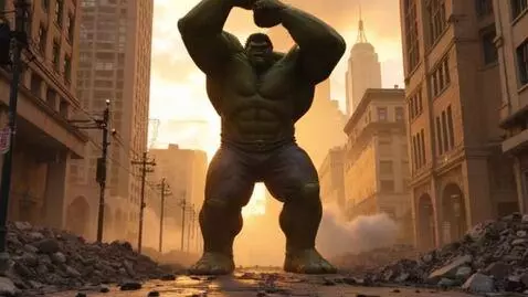 AI Video from prompt: A muscular green Hulk character smashing a city,