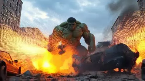 AI Video from prompt: A muscular green Hulk character smashing a city,