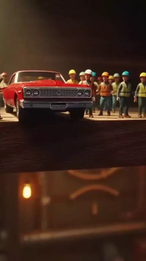 AI Video from prompt: 100 tiny workers noticing a miniature car about 