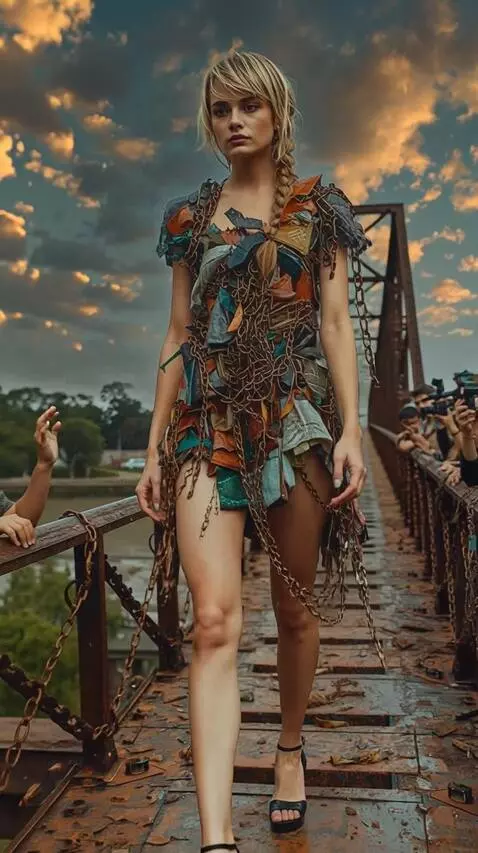 AI Video from prompt: A woman walks across a bridge, people greet her.