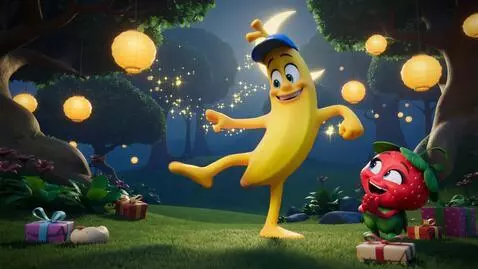 AI Video from prompt: Cute and funny animated scene of a cheerful bana