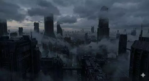 AI Video from prompt: Slow cinematic aerial camera flying over a dark 