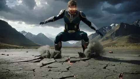 AI Video from prompt: A powerful superhero landing from the sky, groun