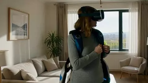 AI Video from prompt: Have a lady put on a quest 3 VR headset and grab