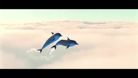 AI Video from prompt: Dolphin with his baby swims among clouds in the 