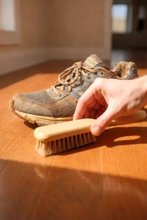 AI Video from prompt: A dirty worn-out running shoe covered in mud pla