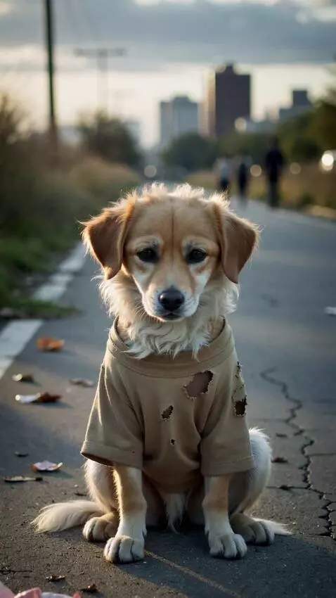 AI Video from prompt: A small lonely dog wearing old torn clothes sitt