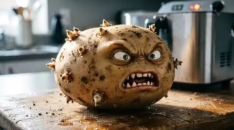 AI Video from prompt: The potato trembled slightly.  Dialogue: "Are yo