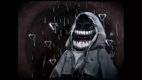 AI Video from prompt: Make him laugh quickly, and the inverted hearts 