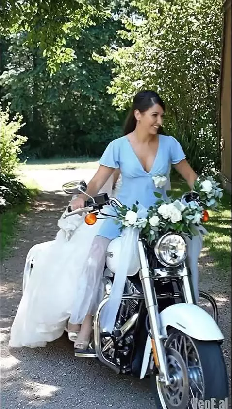 AI Video from prompt: A young wife dressed in a sky-blue dress gets be