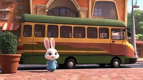 AI Video from prompt: bus stopping slowly, cute little white rabbit sl