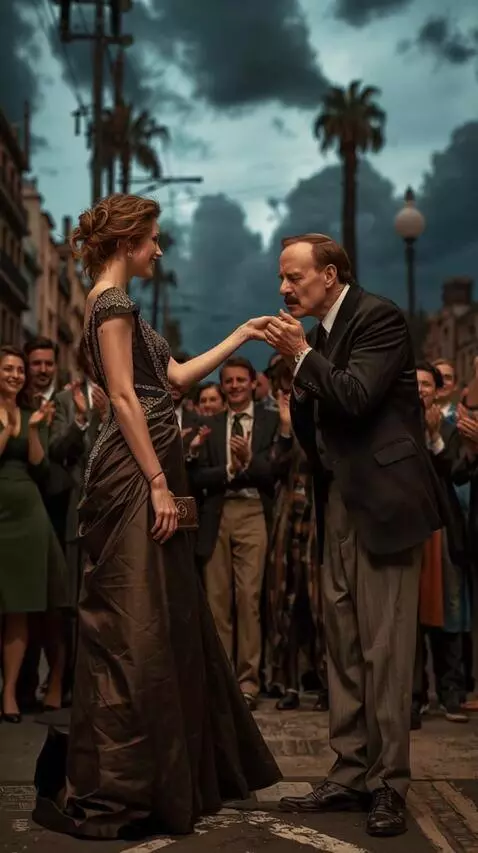 AI Video from prompt: A woman extends her hand to a man, and the man k