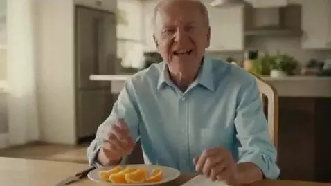 AI Video from prompt: Joe Biden eating juicy orange in the kitchen the