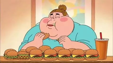 AI Video from prompt: draw an obese woman who eats lots of burgers