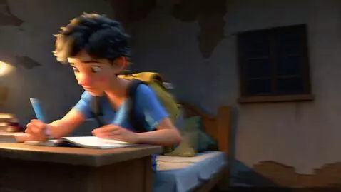 AI Video from prompt: Pixar style cartoon animation, a poor boy studyi