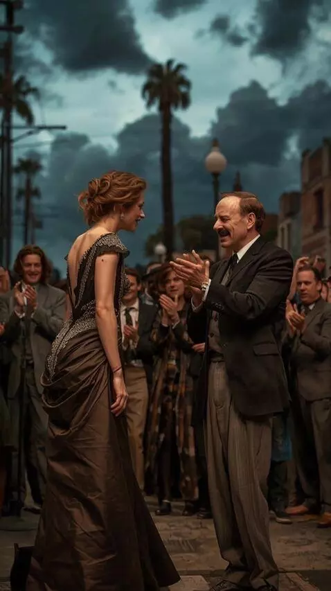 AI Video from prompt: A woman curtsies to a man; everyone applauds. **