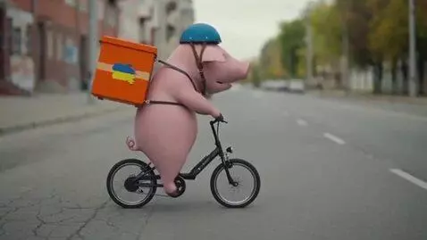 AI Video from prompt: A delivery pig rides an electric bicycle with a 
