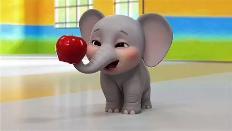 AI Video from prompt: cute baby elephant holding one red apple and eat