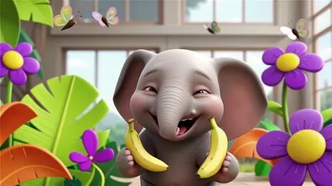 AI Video from prompt: cute baby elephant holding two bananas, smiling 