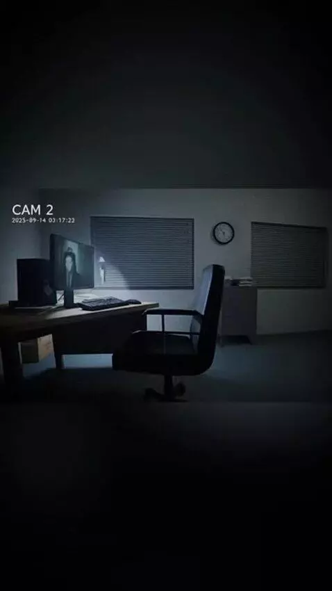 AI Video from prompt: CCTV office camera view, empty room, computer sc