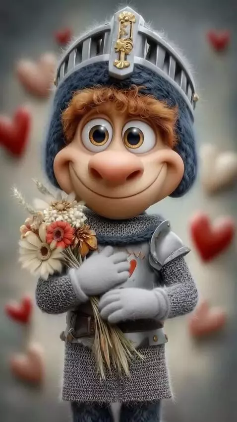 AI Video from prompt: The Knight moves, smiles and holds out a bouquet