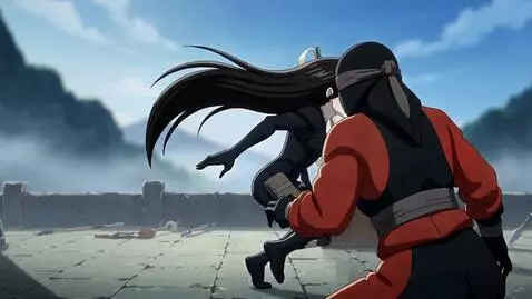 AI Video from prompt: Naruto-style drawing. A woman in a black, tight-