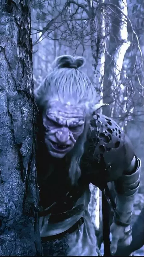 AI Video from prompt: The orc hides behind a tree