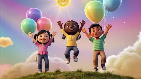 AI Video from prompt: cute colorful kids cartoon intro, bright rainbow