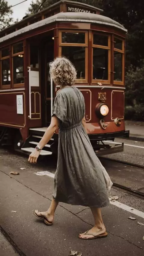 AI Video from prompt: The woman turns, shakes her hand at the tram, an