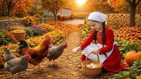 AI Video from prompt: A girl collects an egg in a basket. Very slowly.