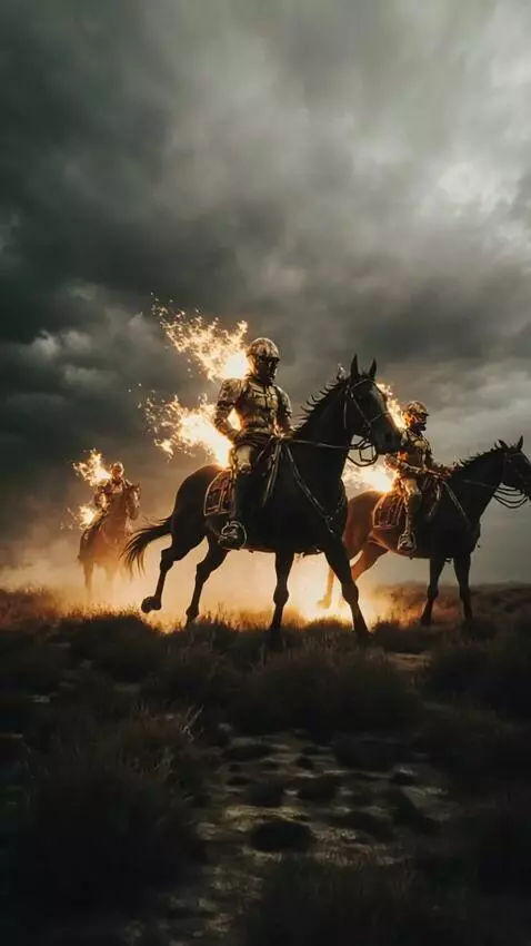 AI Video from prompt: A dark sky with dark clouds. Three riders in fie