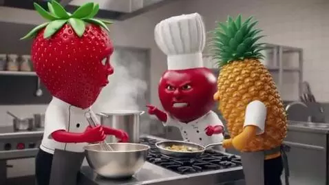 AI Video from prompt: humanoid strawberry and a pineapple dressed as c