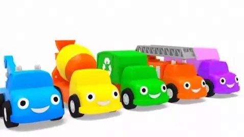 AI Video from prompt: A line of six colorful toy trucks - red, blue ye