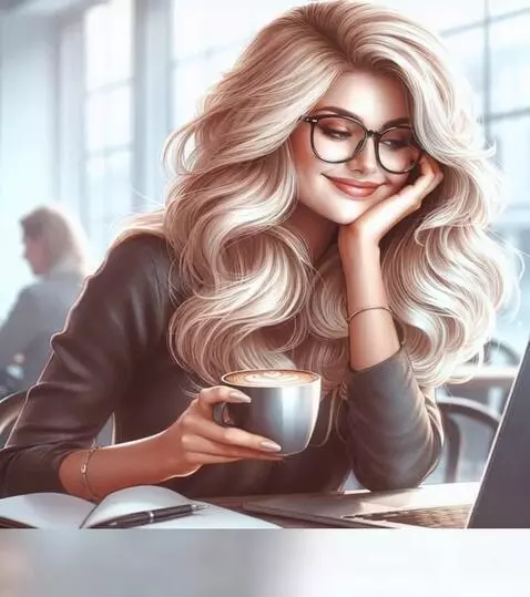 AI Video from prompt: She looks at the screen, smiles and drinks coffe