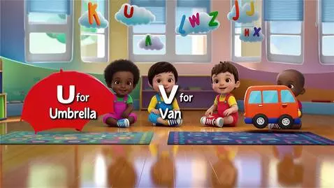 AI Video from prompt: fun kids learning environment, letters U V W X w