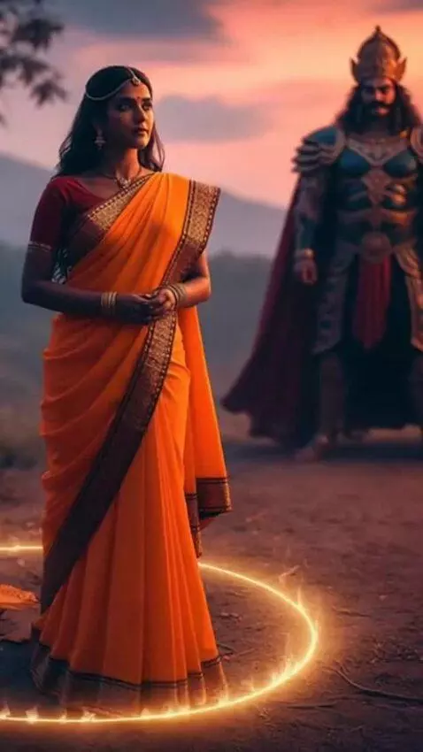 AI Video from prompt: "Sita standing inside glowing protective line (L