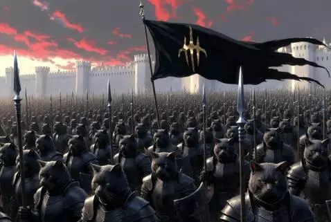 AI Video from prompt: An army of black cat warriors stands in a tight 