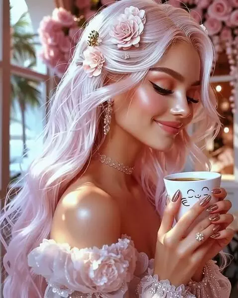 AI Video from prompt: She smiles, looks down and drinks coffee