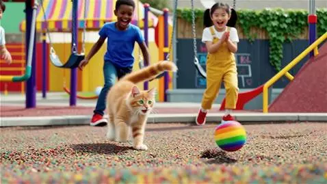 AI Video from prompt: The kitten starts running and playing with kids,