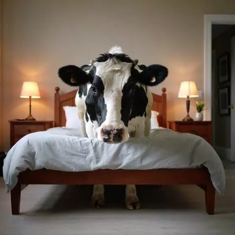 AI Video from prompt: Cow unexpectedly hides under the bed