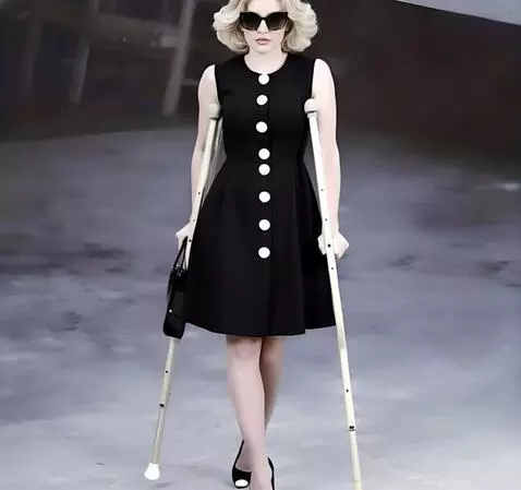 AI Video from prompt: A very beautiful one-legged AMPUTEE woman walks 