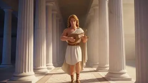 AI Video from prompt: A man plays the strings of a lyre. Then he start