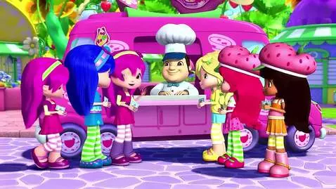 AI Video from prompt: Strawberry Shortcake with four one dollar bills,